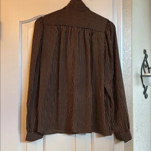 Tahari Vintage Polyester Brown & Black Stripe Blouse With Tie-Neck Detail. thumbnail 3