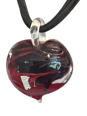 Heart Dichroic Glass Pendant Necklace Black Multi Cord Red Silver Puffy 17" thumbnail 2