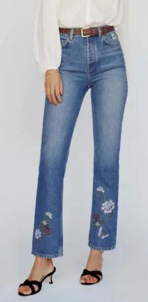 Reformation Cynthia High Rise Straight Jeans Fauna Floral Embroidered Size 28 thumbnail 1