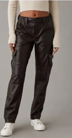 American Eagle Women’s‎ Dark Brown Faux Leather Cargo Pants Size 18 Stretch thumbnail 1