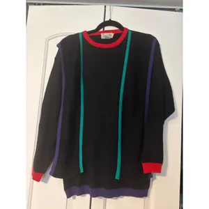 Sweater Bee‎ Black Purple Green Red Trim Long Sleeve Knit Sweater Size S thumbnail 2