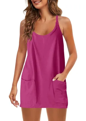 NWT Athletic Tennis Dress Sleeveless Pocket Mini Sundress Magenta Small thumbnail 1