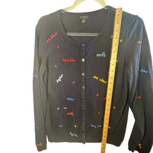 Talbots Cardigan Sweater Navy Blue French Phrase Embroidery Sz‎ M Chic Whimsical thumbnail 6