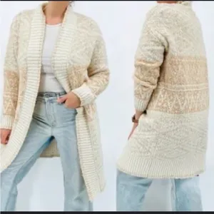 Joie Longline Oversized Chunky Cardigan Cream Fair Isle Knit L‎ thumbnail 2