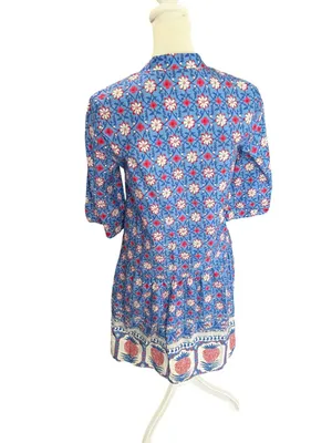 Tuckernuck Blue Floral Block Print Cotton Mini Dress XS Boho Preppy Cottagecore thumbnail 5