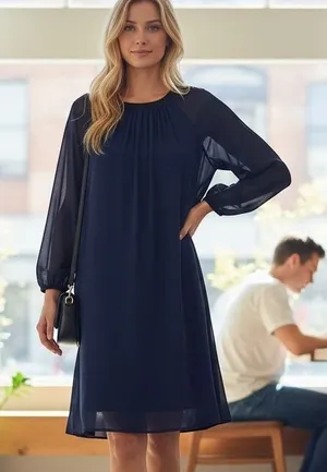 Boden Nerissa Shift Dress Women 8 Navy Sheer Sleeve Minimalist Classic Feminine thumbnail 1