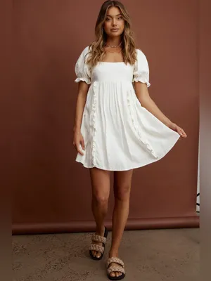 $99 NWT Selfie Leslie X Indikah Macedonia Puff Sleeve Babydoll Dress Cream, S thumbnail 3