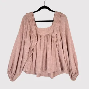 Free People Womens Top Pink Bonnie Ruffle Plaid Babydoll Blouse Stretch Boho XS thumbnail 2