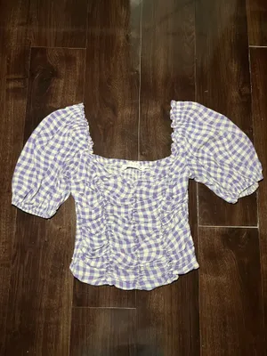 Astr the label ruched puff sleeve top in blue and purple gingham size small thumbnail 2