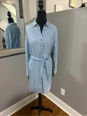 Lucky Brand Chambray Costal Cowgirl Denim Mini Shirt Dress Tie Waist Size XS. thumbnail 2