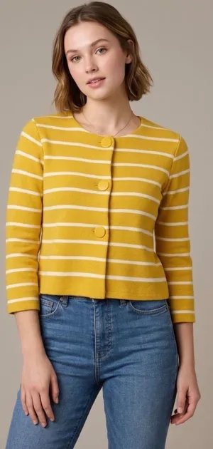 J.Crew Yellow White Striped Cotton Button Front Cardigan Sweater Size Large thumbnail 1