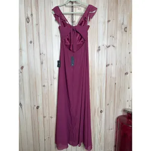 NWT Lulus Sweetest Entrance Dark Magenta Ruffled Tie-Back Maxi Dress Gala Size M thumbnail 6