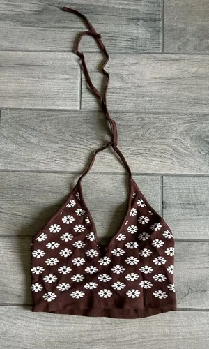 Cotton Candy Brown Halter Floral Knit Crop Top with White Flowers thumbnail 1