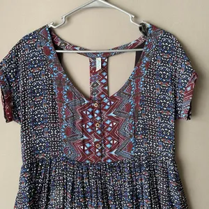 Free People Rayon Boho Beachy Relaxed Geometric T-Back Mini Dress Small‎ Blue thumbnail 2