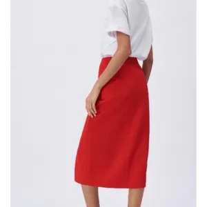 Zara Red High Waisted Midi Skirt Gold Buttons Front Slit Size Small thumbnail 3