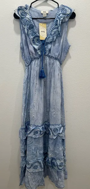 Light Blue Embroidered Maxi Dress with Tassel Tie One size fits up to XL thumbnail 1