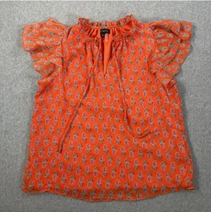 1.STATE Women's Medium Orange Floral Ruffle Flutter Sleeve V-Neck Blouse Top thumbnail 1