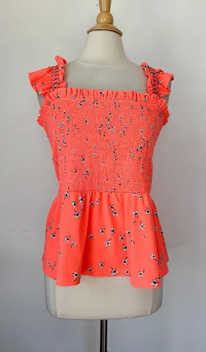 CeCe Neon Coral Floral Smocked Sleeveless Peplum Tank Top thumbnail 1