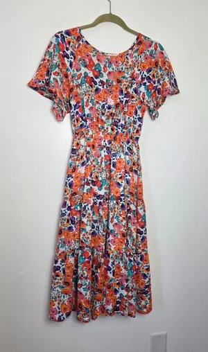 Colorful Floral Midi Dress Tiered Tropical Abstract Artsy Farmers Market Picnic thumbnail 1