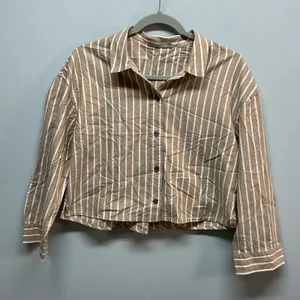 Everlane Striped Button Down Shirt Top‎ XXS Beige White Casual Cropped thumbnail 2