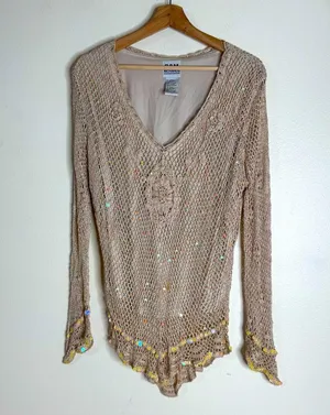 R & M Richards Y2K Beige Crochet Knit Fairycore Long Sleeve Top with Sequins Size L Festival thumbnail 1