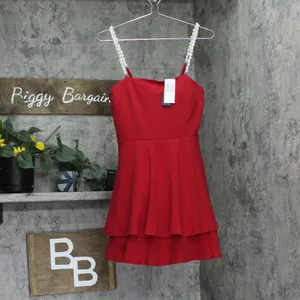 NWT City Studios Pearl-Strap Sleeveles Tiered Fit & Flare Dress Garnet Red 7/8 thumbnail 4