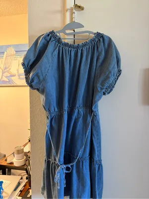 Lightweight Denim Peasant Mini Dress with Ruffle Hem thumbnail 3