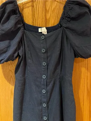 Rachel Parcell Square Neck Button Front Puff Sleeve Linen Dress Dark Blue XS thumbnail 4