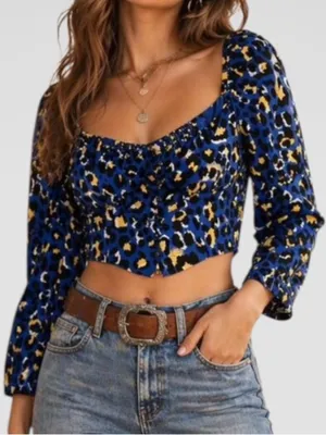 NWT RAHI Chloe Puff Shoulder Blue Animal Print Crop Top Size XS thumbnail 1