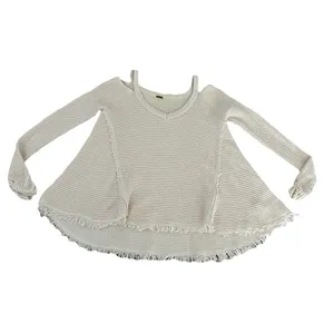 Free People Women’s Waffle Knit Top Moonshine Cold shoulder Raw‎ Hem thumbnail 2