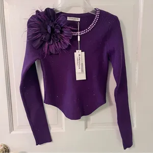 Women’s Purple Floral Rhinestone Ribbed Long Sleeve Crop Top thumbnail 2