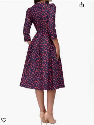 Navy Red Floral Fit & Flare Midi Dress XXL 3/4 Sleeve Pockets Plus thumbnail 2