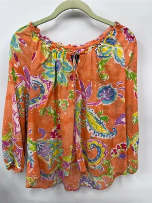 Lauren Ralph Lauren Orange Floral Paisley Peasant Blouse L 100%cotton thumbnail 1