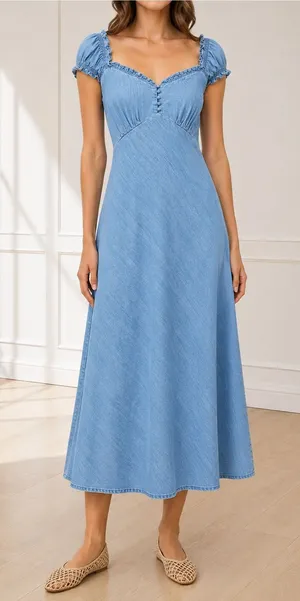 NWT GAP Eaton Denim Maxi Dress Size XL Light Wash Cotton Ruffle Cottagecore Boho thumbnail 1
