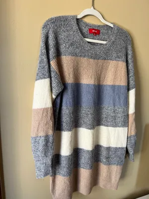 Sweater Mini Dress in Gray, Cream & Tan Stripes thumbnail 4
