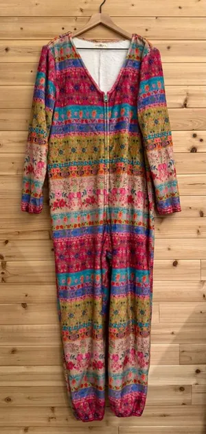 Natural Life Large Colorful Bohemian Fair Isle Print Fleece Zip Up One Piece PJ thumbnail 1
