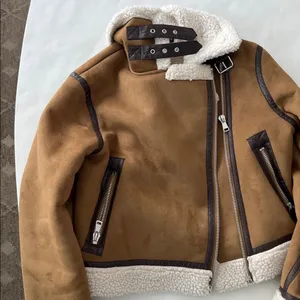 Zara Double Faced Fleece Structured Moto Jacket Sheepskin Chestnut Tan Aviator S thumbnail 6