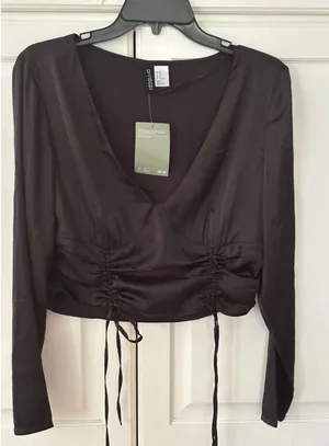 H&M Divided Blouse Top‎ Long Sleeve V Neck Ruched Tie Front Brown Medium thumbnail 1