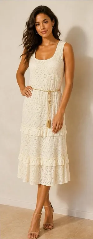 KATE & LILY Elegant Cream Lace Boho Midi Dress Sleeveless Ruffle Sz Medium thumbnail 1