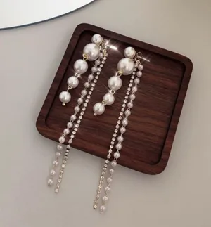 Elegant White Pearl Dangle Drop Earrings for Women,CZ Tassel Pearl Earrings thumbnail 3