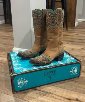 LANE Western Embroidered Floral Studded Turquoise Boho Cowgirl Boots | Size 8.5 thumbnail 1