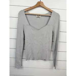 Open Edit Womens Size S Light Grey Ribbed Square V-Neck Fitted Long Sleeve Top thumbnail 2