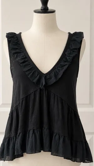 Free People Black Ruffled V-Neck Tank Top thumbnail 1