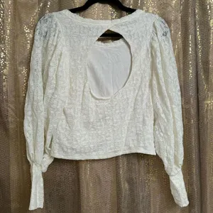 Free People Jasmine Tea Time Long Puff Lace Sleeve‎ Open Back Top Ivory Medium thumbnail 2