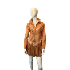 Oyrosy Vintage Western Style Embroidered Tassel LS Suede Mini Dress Brown L NWT thumbnail 6