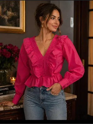 Feminine Ruffled V-Neck Peplum Blouse in Hot Pink thumbnail 1