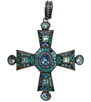Vintage Cross Pendant W/ Blue & Turquoise Stones Antique Silver-Tone Finish A432 thumbnail 1