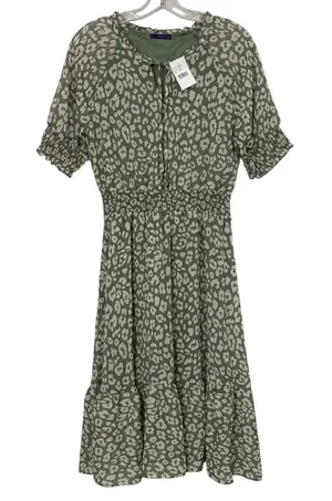West Kei Olive Green Leopard Print Smocked‎ Midi Dress NWT Small D6625-B thumbnail 1