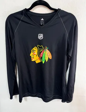 Adidas Chicago Blackhawks NHL Long Sleeve V-Neck Shirt Hockey Womens Large Black thumbnail 1