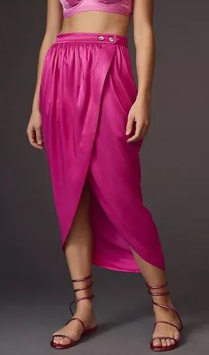 Anthropologie Maeve Women Tulip Midi Skirt 8 Pink Satin Faux Wrap Magenta thumbnail 1